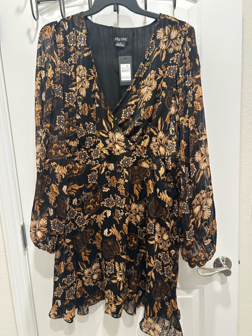 City Chic Black and Gold Floral Wrap Dress